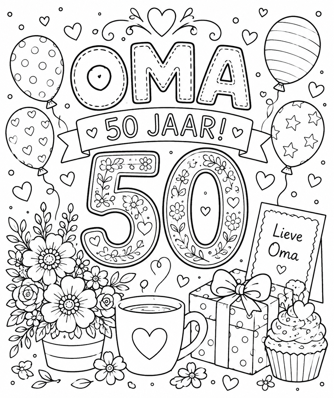 Kleurplaat Verjaardag oma 50 jaar. Is oma binnenkort 50 jaar