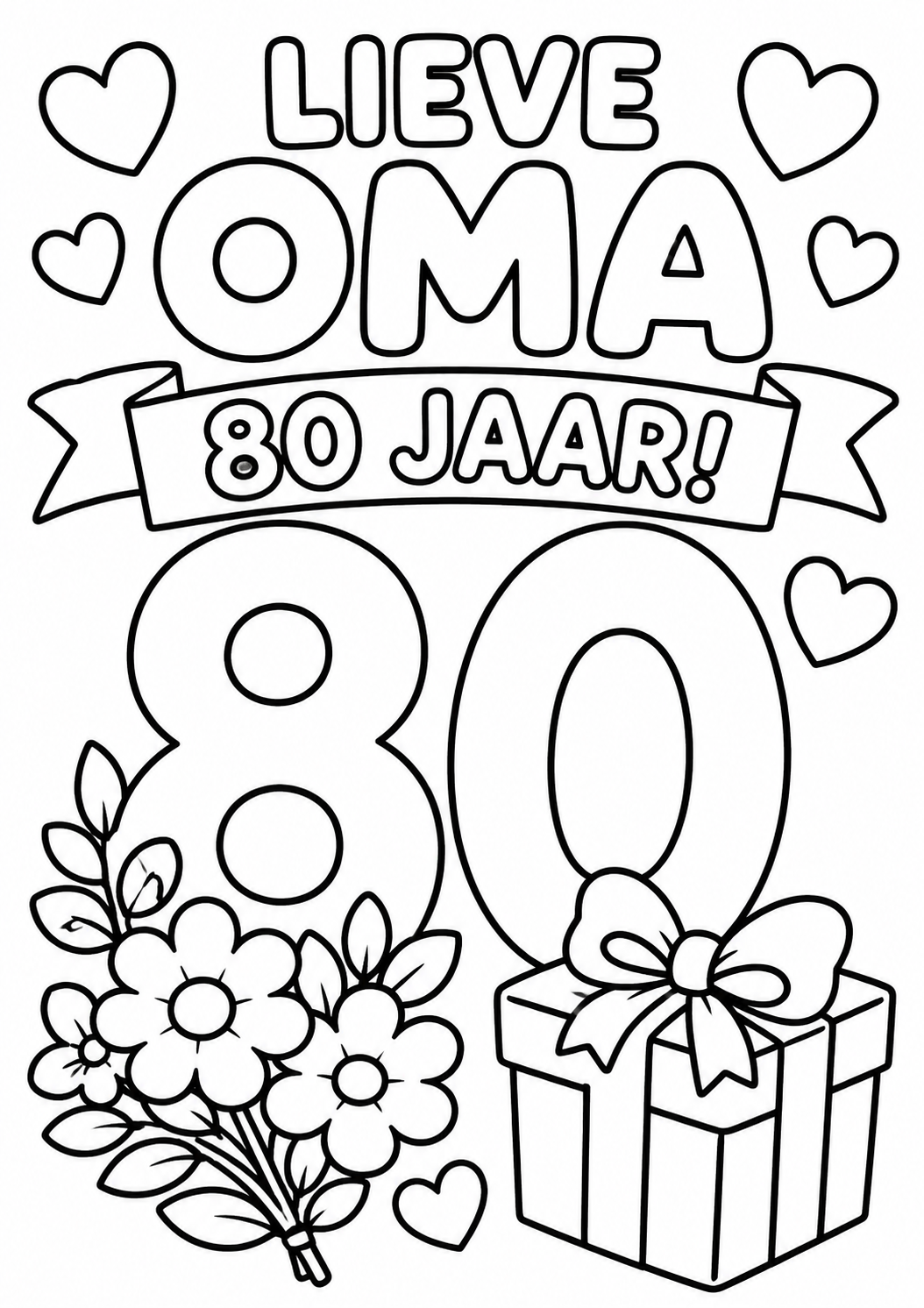 Kleurplaat oma 80 jaar: vrolijke verjaardagskleurplaat om oma's 80e mee te vieren