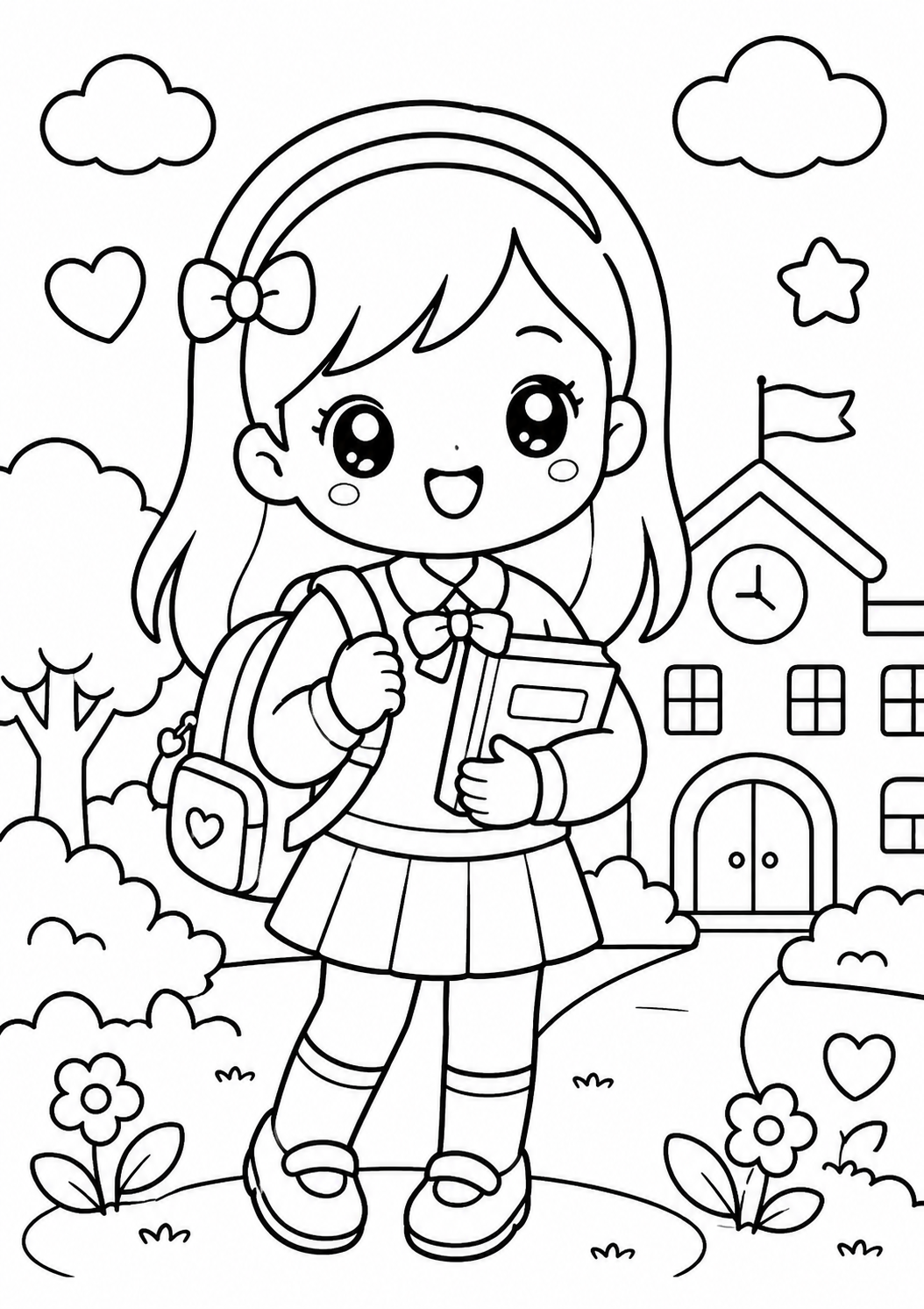 Kleurplaat Kawaii schoolmeisje — Op zoek naar een schattige kleurplaat van een schoolmeisje