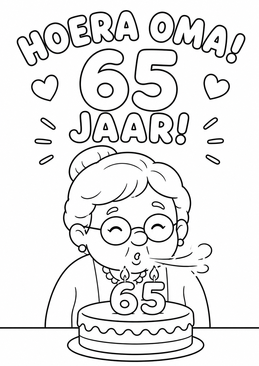 Kleurplaat verjaardagskaart oma 65 jaar met taart