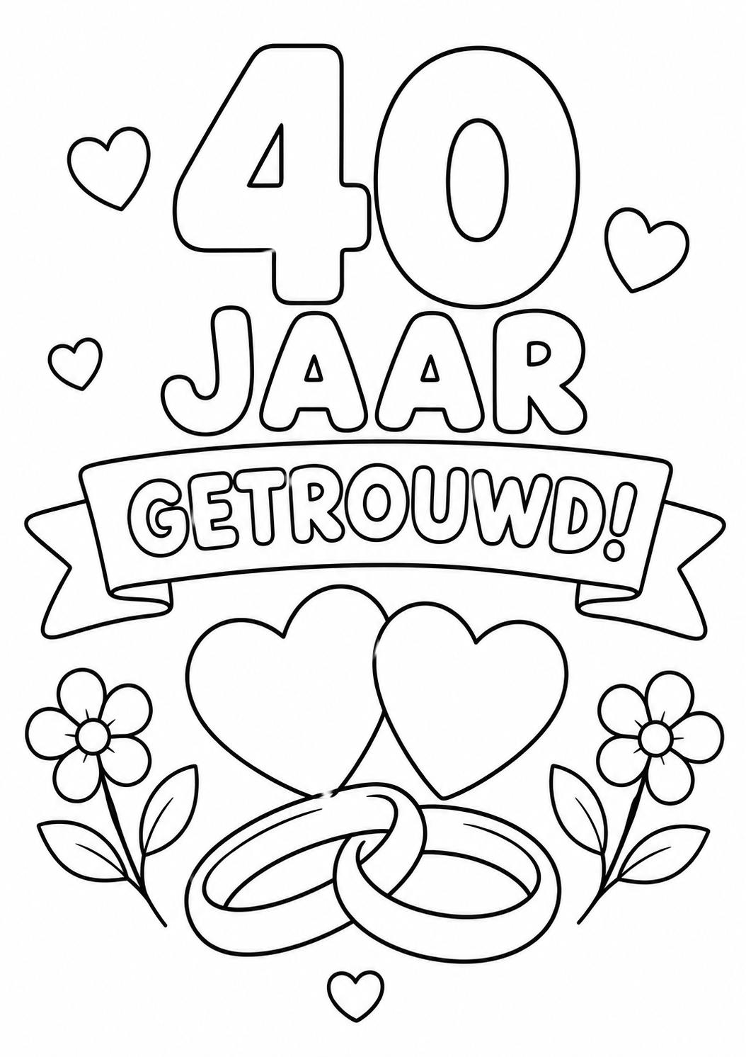 Kleurplaat 40 jaar getrouwd met trouwringen en hartjes