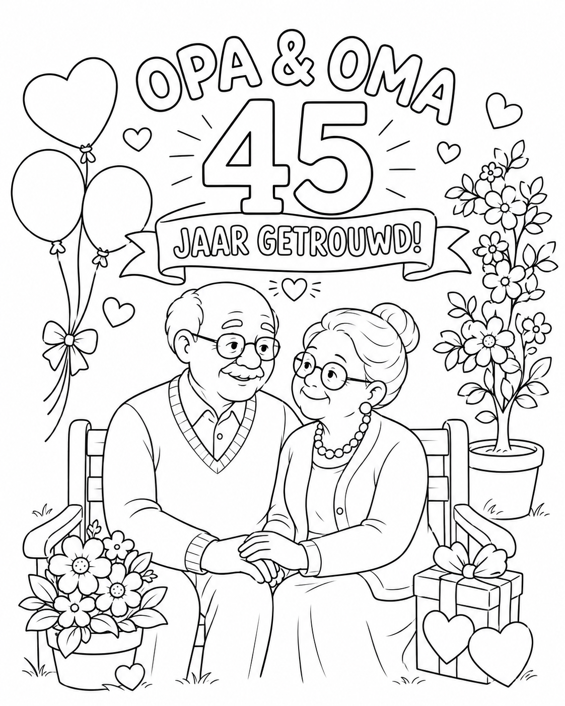 Kleurplaat Opa en oma 45 jaar getrouwd. Een bijzonder jubileum verdient een bijzondere kleurplaat