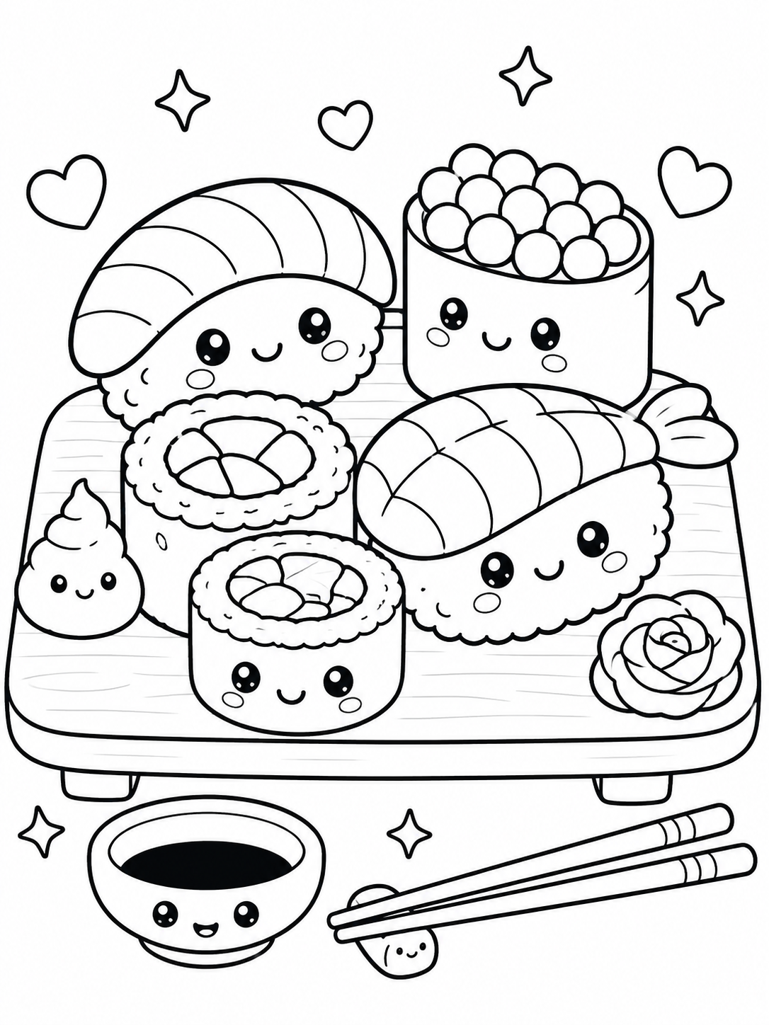 Kleurplaat kawaii sushi: schattige sushi in vrolijke kawaii-stijl