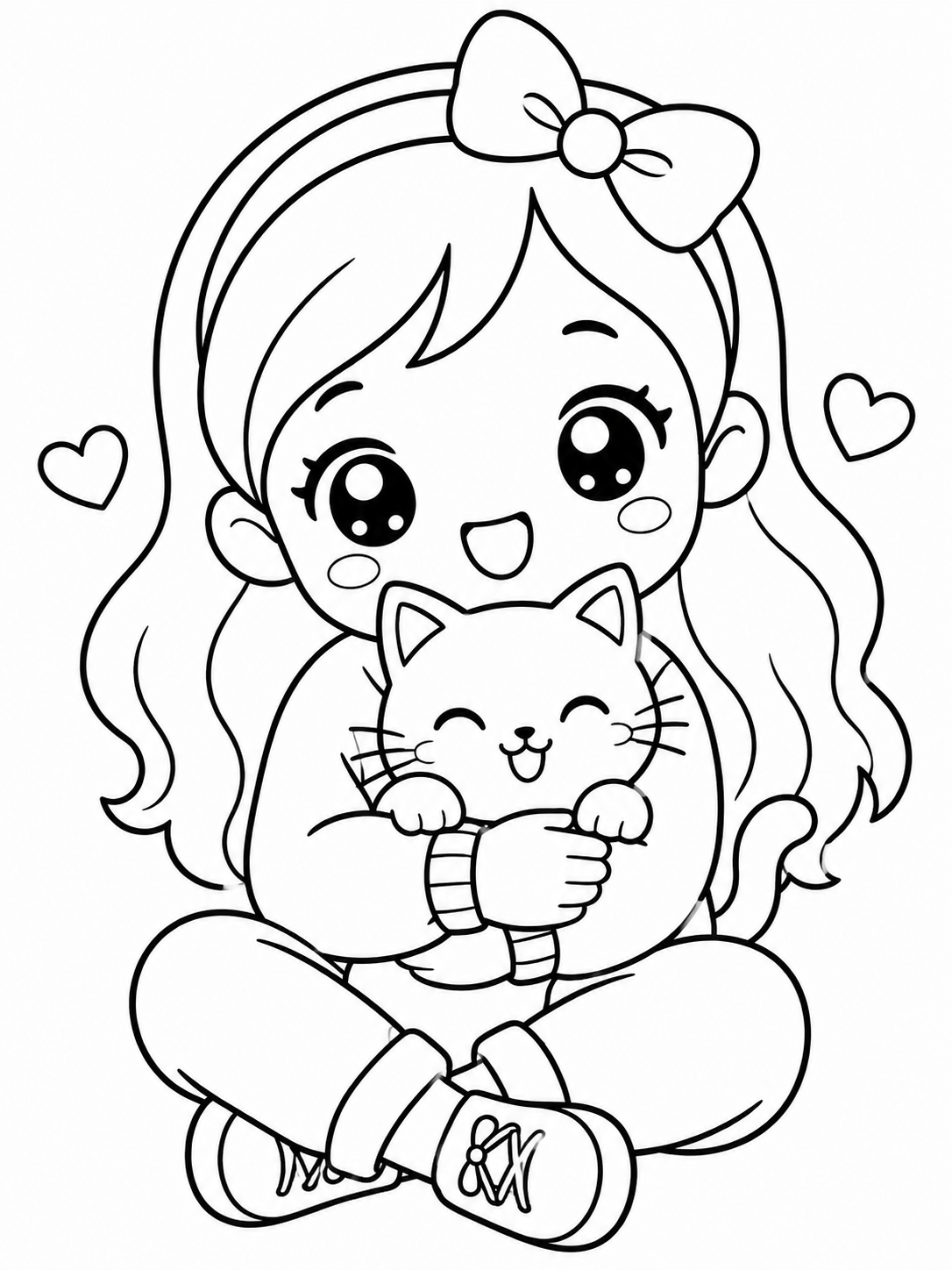 Kawaii kleurplaat van een meisje dat een schattige kat knuffelt