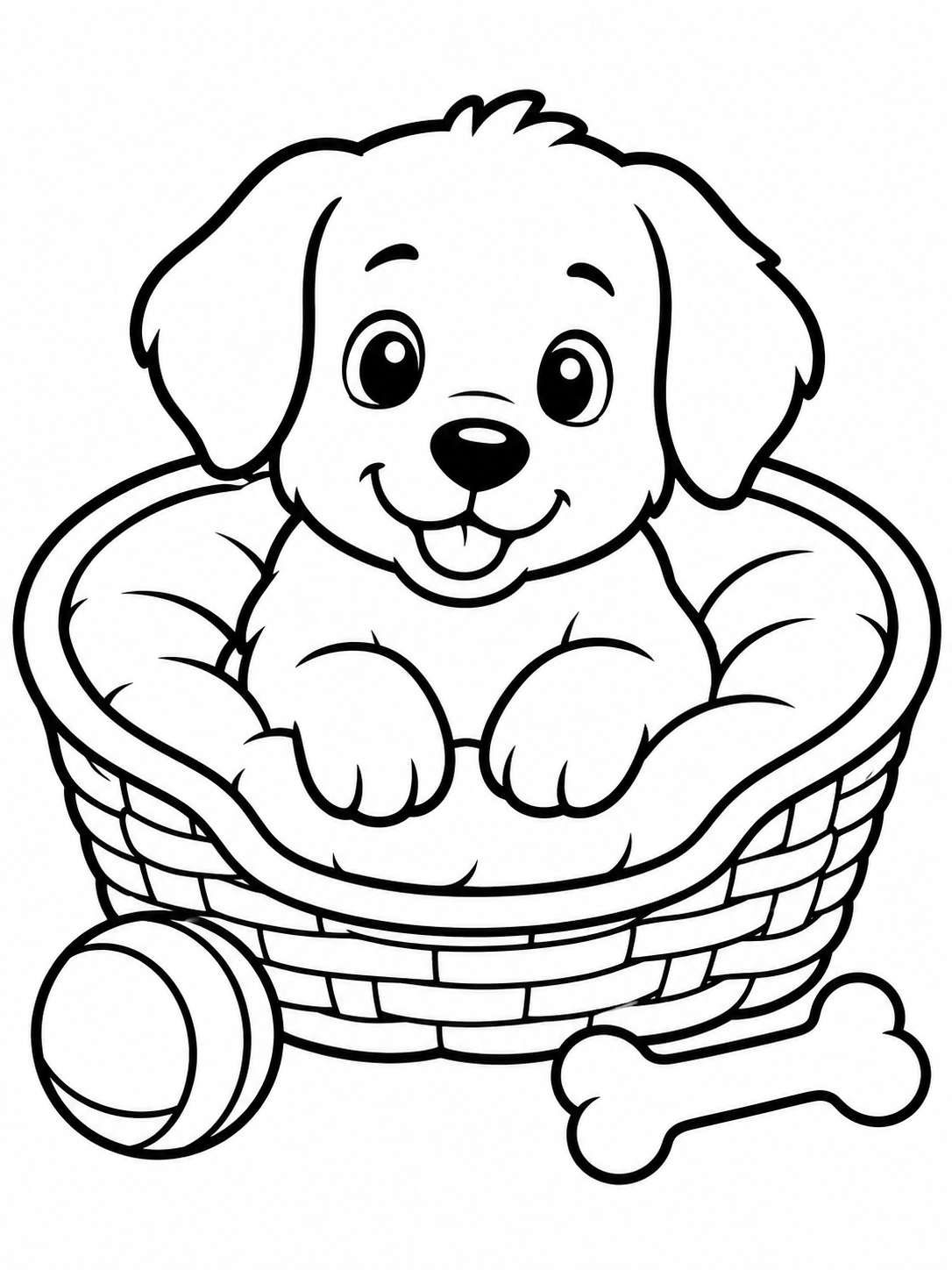 Hond in mand kleurplaat – schattige puppy in een mandje