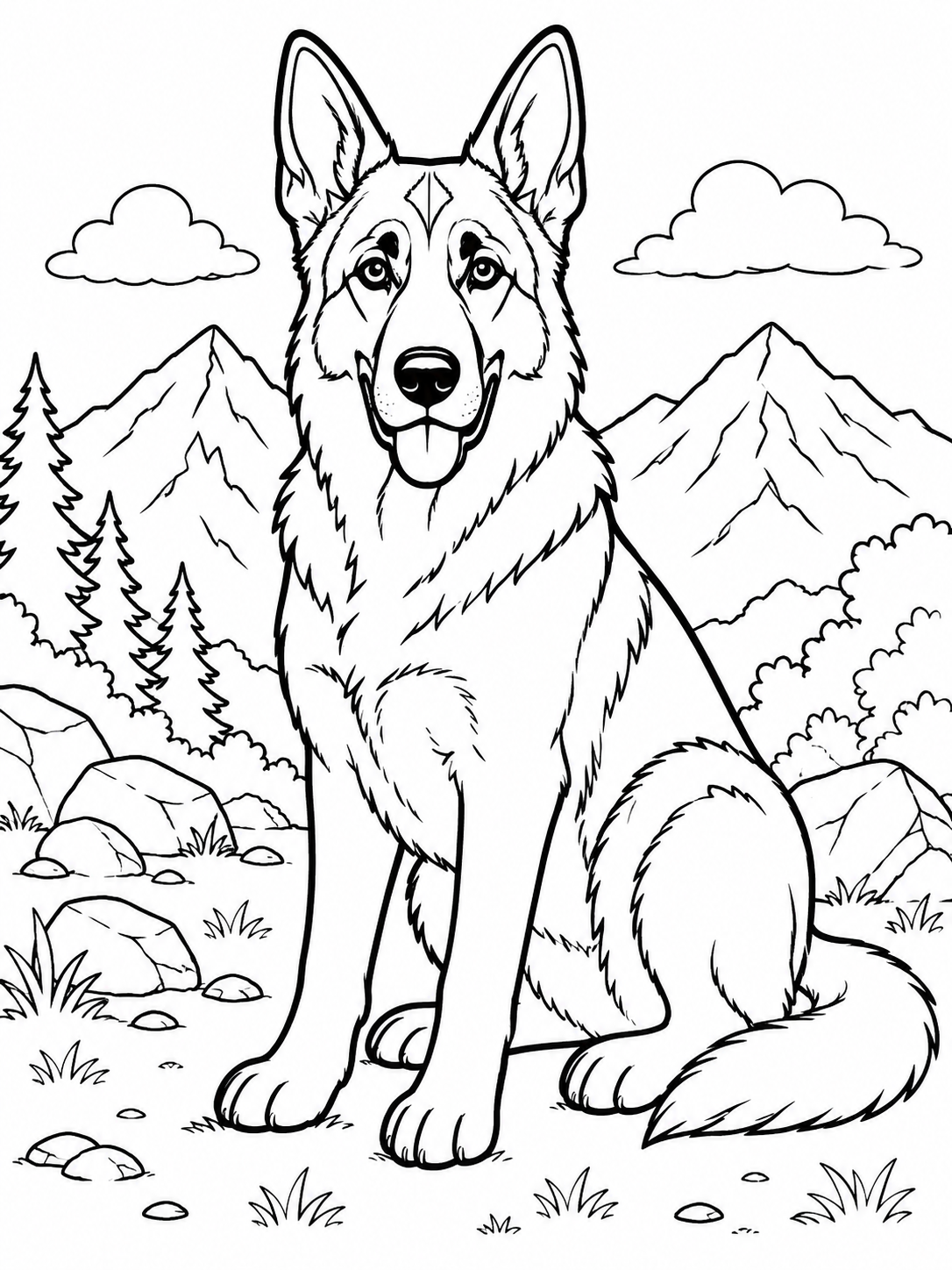 Duitse Herder kleurplaat – stoere hond in een berglandschap