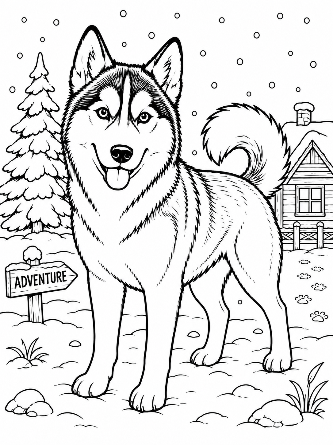 Husky kleurplaat – Siberische Husky in een besneeuwd winterlandschap