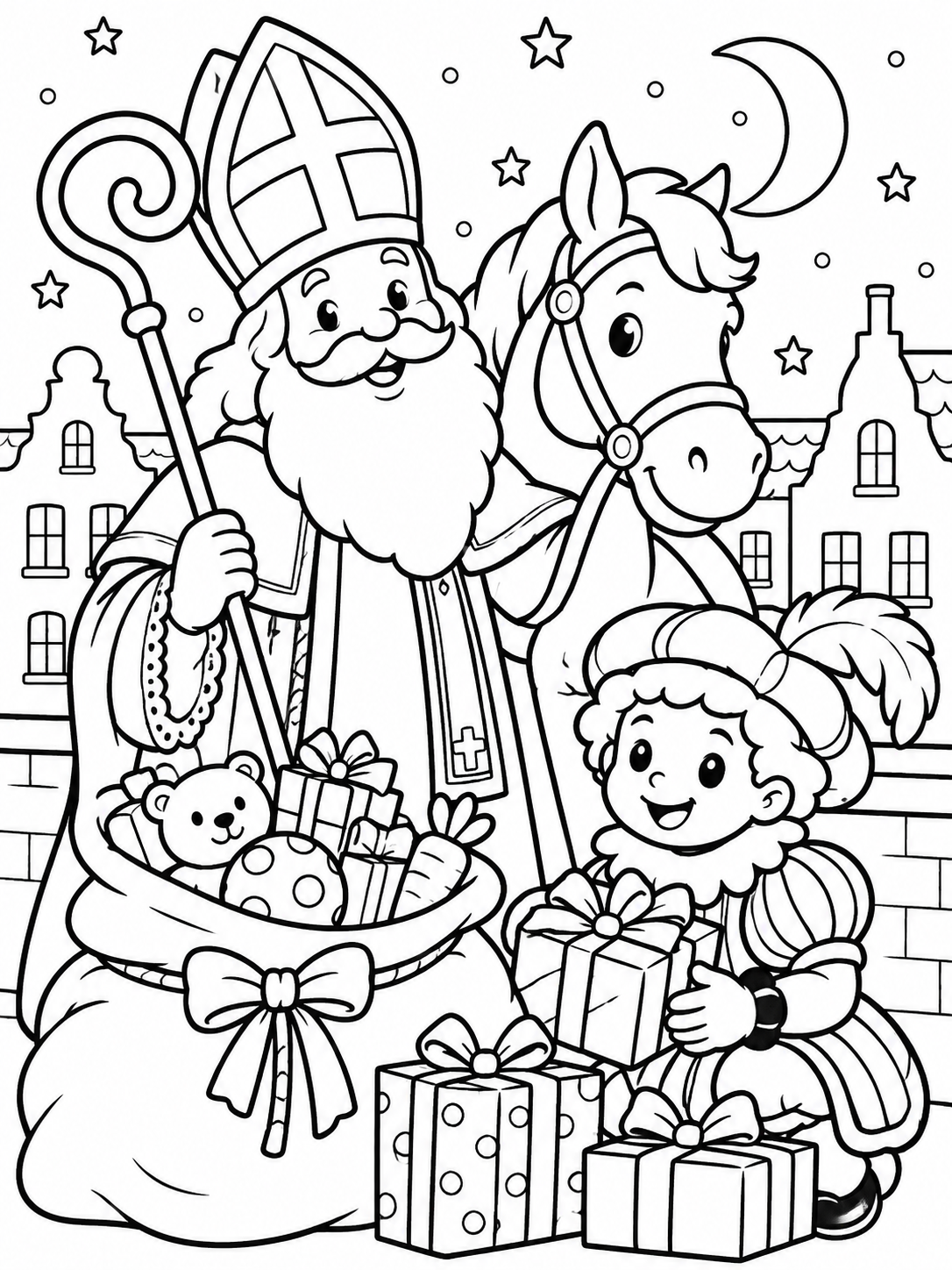 Sinterklaas kleurplaat met cadeautjes, paard en Piet