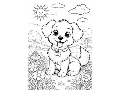 Kleurplaat puppy in tuin