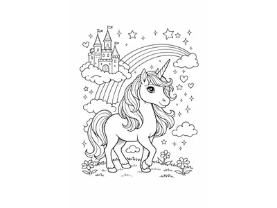 Kleurplaat unicorn kasteel en regenboog
