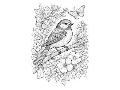 Kleurplaat volwassenen vogel en bloemen