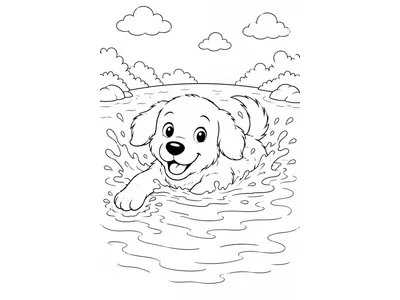 Kleurplaat zwemmende hond
