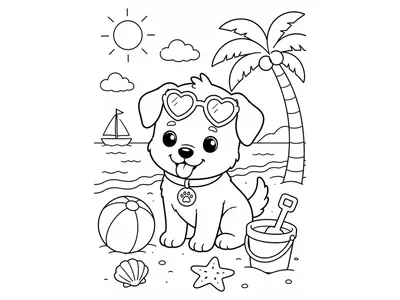 Kleurplaat hond op het strand