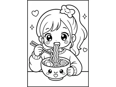 Kawaii kleurplaat meisje met noodles