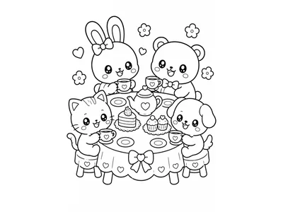 Kawaii kleurplaat dieren theekransje