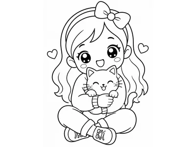 Kawaii kleurplaat meisje met kat