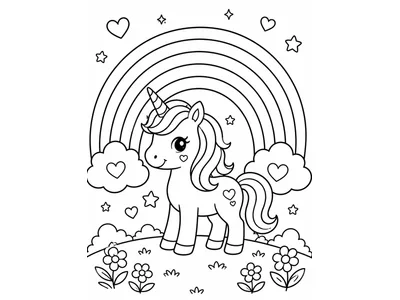 Kleurplaat regenboog met unicorn