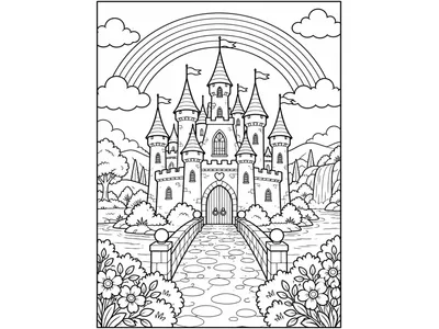 Kleurplaat kasteel met regenboog