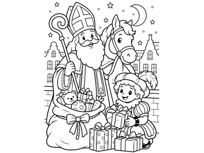 Sinterklaas kleurplaat met cadeautjes, piet en paard